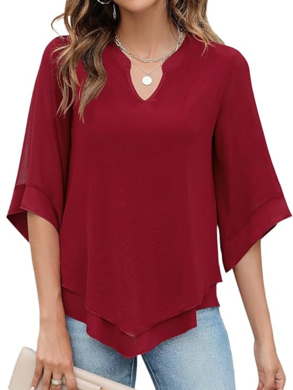 Micoson Womens 3/4 Sleeve Chiffon Blouses V Neck Double Layers Mesh Flowy top